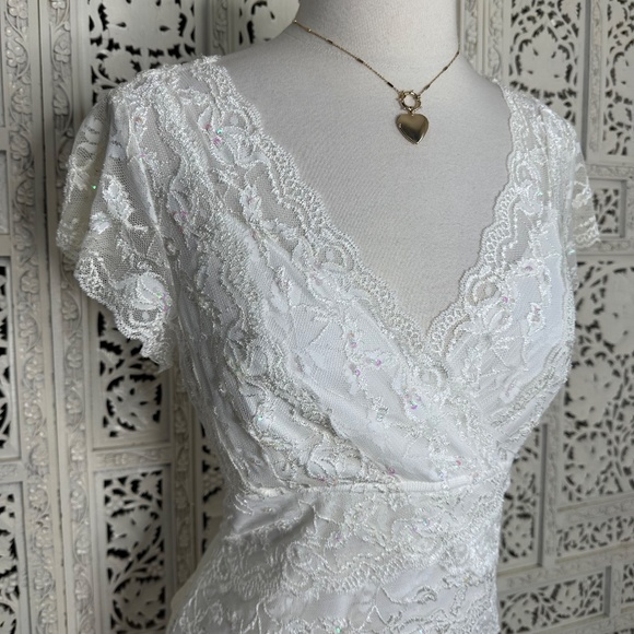 NWT Marina Ivory Lace Overlay Sequin Beaded Fairycore Cocktail Formal Dress Sz M - Picture 2 of 9